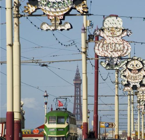 picture of tram and blackpool tower